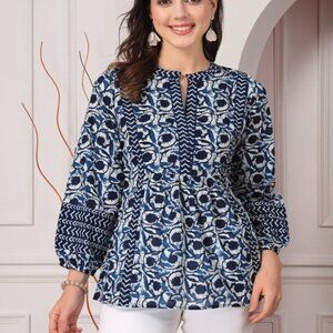 Women’s Navy Blue Floral Cotton Top with Mandarin Collar & Puff 3/4 Sleeves